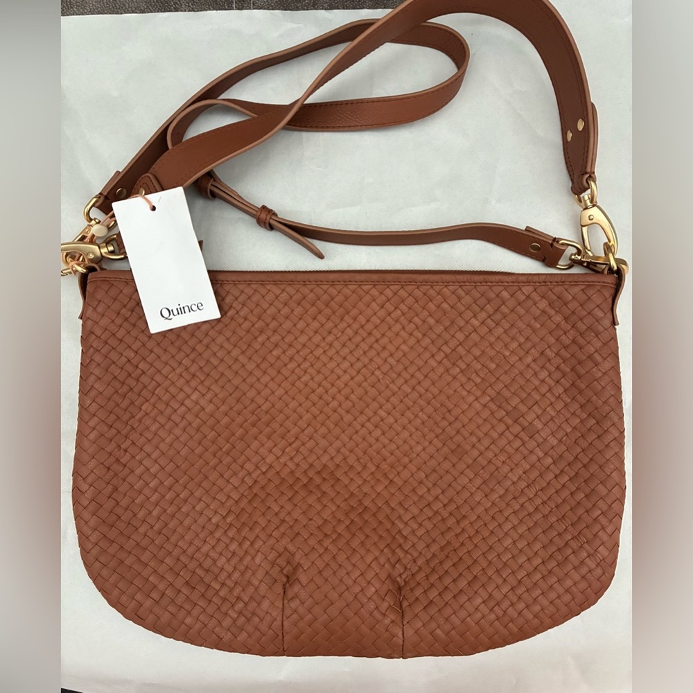 Quince Italian Leather Convertible Crescent Handwoven Shoulder Bag in Cognac